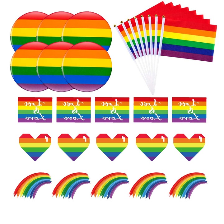 Set de decoratiuni Pride, Enforose, steaguri mini portabile si autocolante, materiale durabile, 52 piese