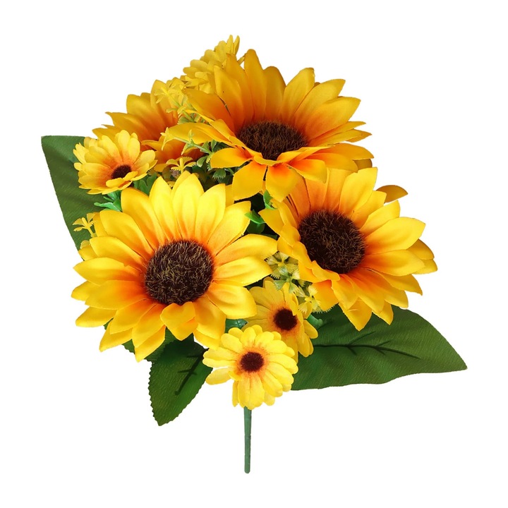 Buchet floarea-soarelui artificiala 13 capete matase galben 30cm decor interior