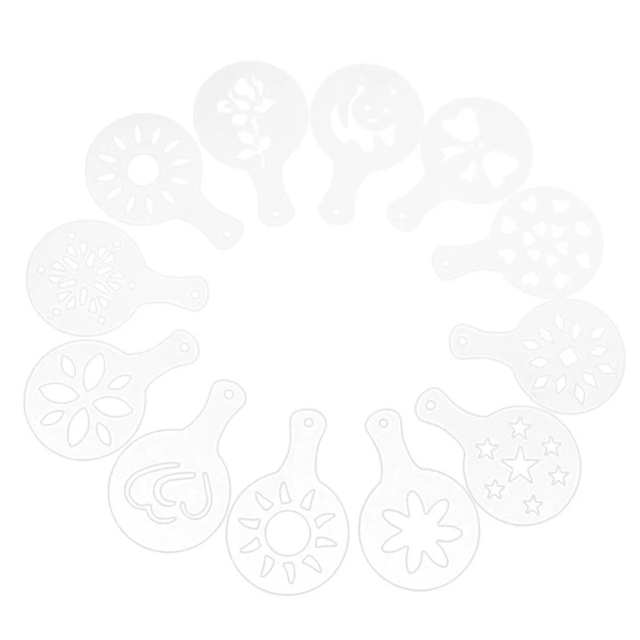 Sabloane pentru latte art YANYXR BCS3203891, set 12 piese din plastic cu modele asortate, transparent, diametru 8,5 cm
