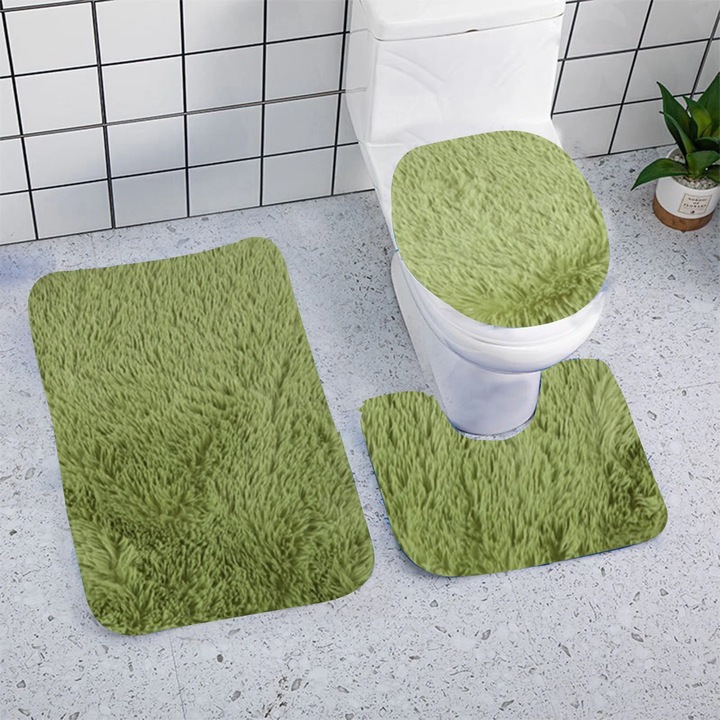 Set 3 covoare de baie, Fokelyi, moale, antiderapant, verde deschis, 19.69x31.5in, 19.69x15.57in, 19.69x14.57in