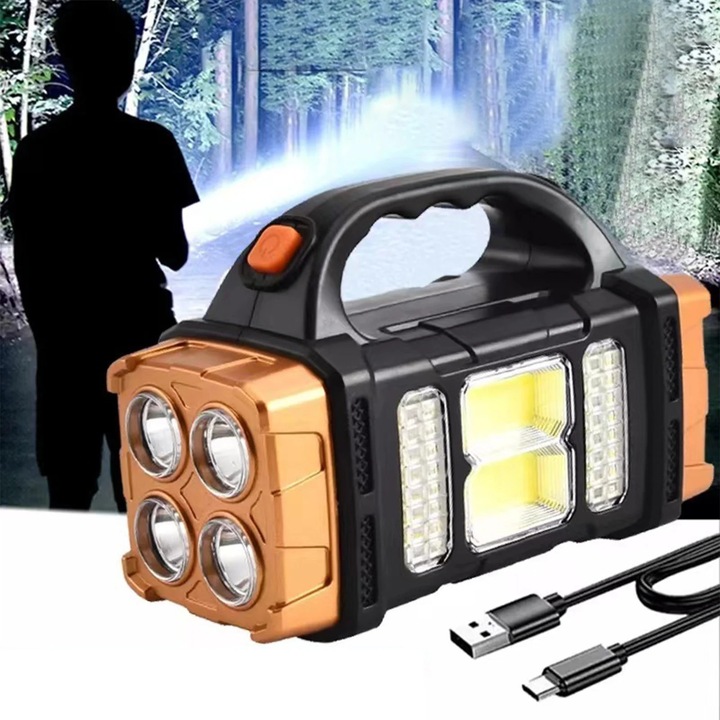 Lanterna reincarcabila ZYBLSSBB LSM1797-BCS0303731-2, 40 LED + COB, baterie 1500 mAh, USB reincarcabila si functie power bank, autonomie 5-8 h, negru/portocaliu