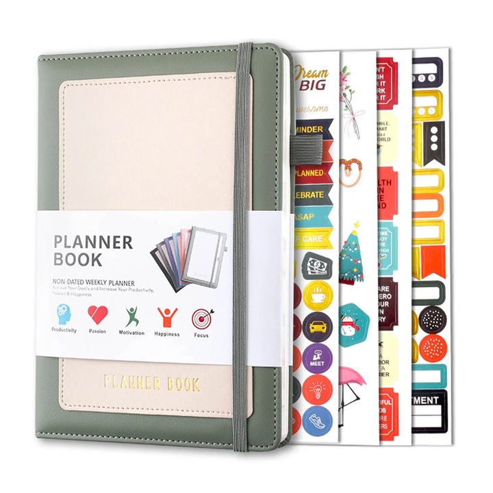 Дневен ред A5, месечен и седмичен планер, 120 страници, корица от веган кожа, със стикери
