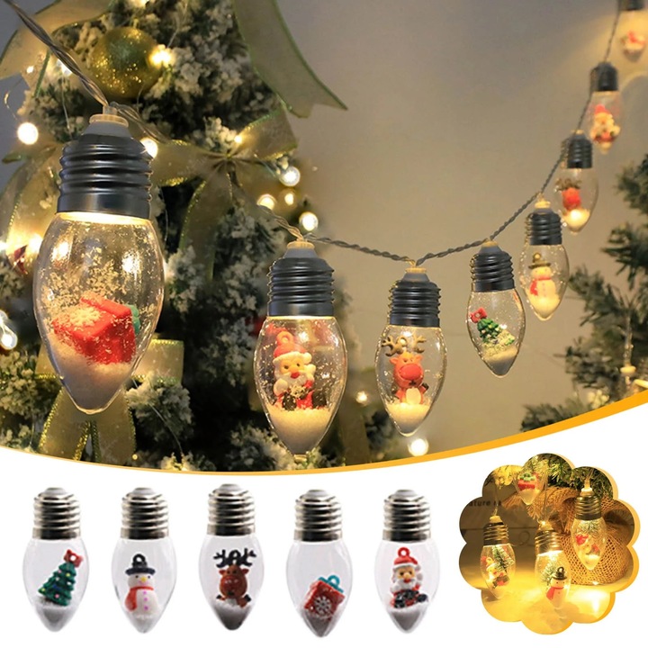YANYXR BCS3068132 LED karácsonyi fényfüzér, USB, 1.5 m, 5 figurás izzó (Mikulás/hóember/rénszarvas/fenyőfa/ajándék), meleg fehér fény