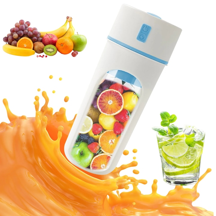 Blender portabil, mini blender cu USB, 6 lame, multicolor, pentru smoothie, 300ml