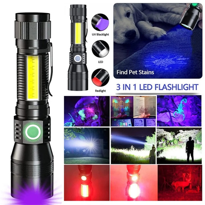 YANYXR B712 LED lámpa, újratölthető, 7 mód, fekete, 16.5x4.2x3.4cm