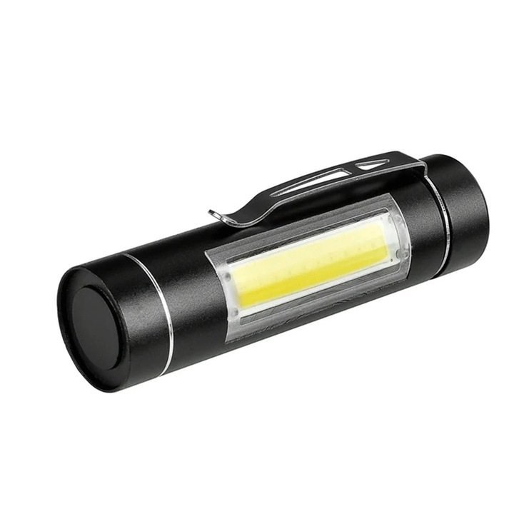Mini lámpa, LED XPE Q5 COB, fekete, 2x7.6x2.1cm, zsebcsipesz