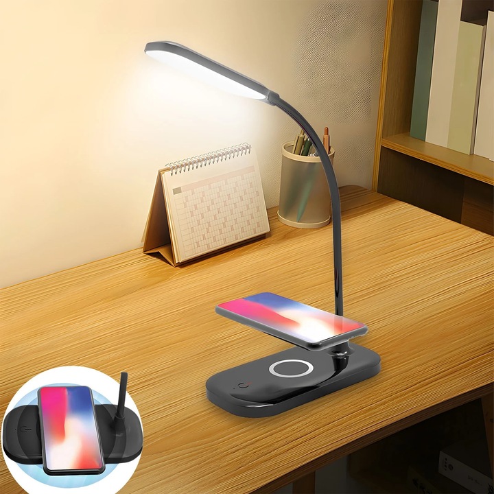 Lampa birou LED cu incarcare wireless 10W, protectie ochi, negru, 40x16.5x8.5cm