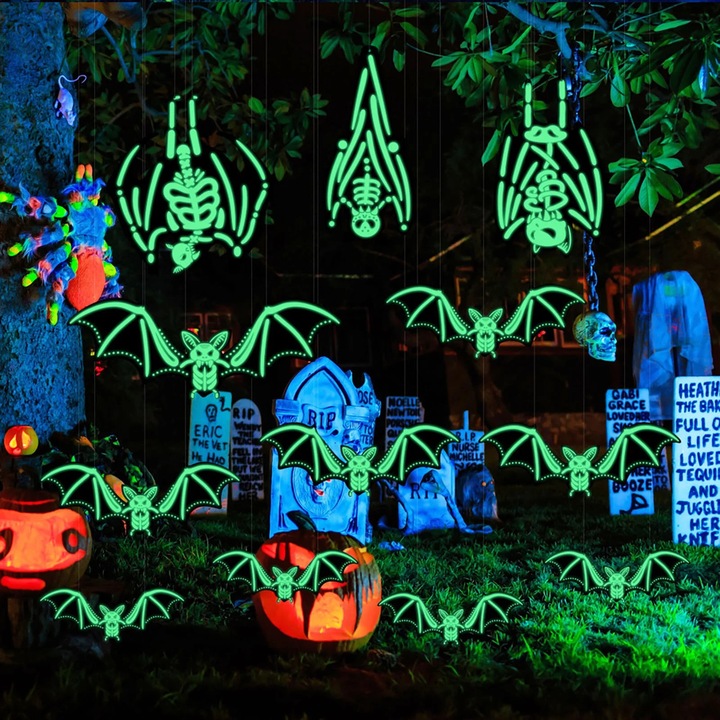 YANYXR Halloween dekoratív matrica világító függő denevérek, PVC, 0.5mm, fekete-sárga