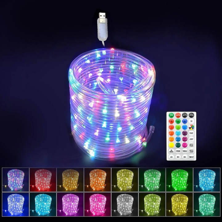 YANYXR BCS3068559 LED füzér, USB, távirányító, 16 szín, átlátszó cső, IP65 vízálló, többszínű, 5 m, 50 LED