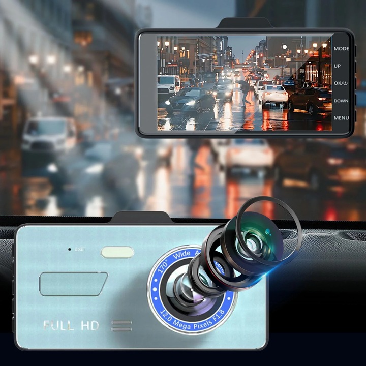 Camera auto DVR YANYXR 1080P, ecran 4 inch, vedere nocturna, unghi larg, albastru deschis