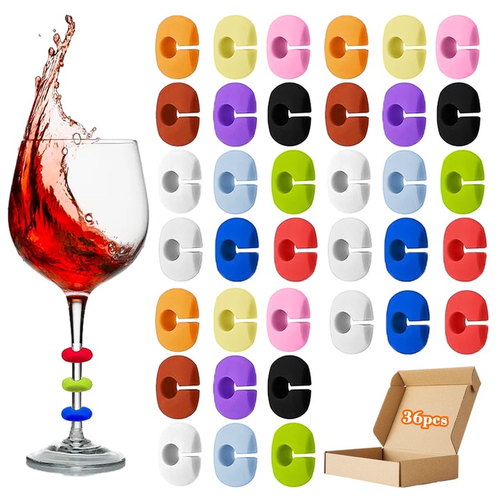 Комплект от 36 аксесоара за разпознаване на чаши за вино, Enforose, силиконови, водоустойчиви, многоцветни