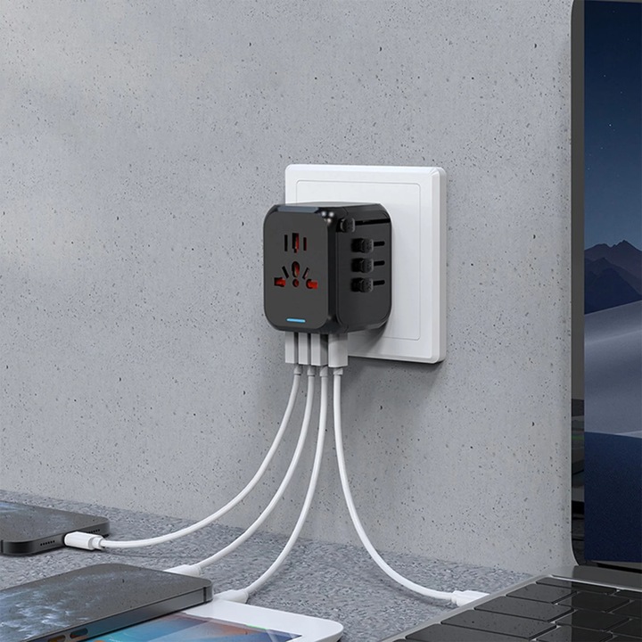 YANYXR elosztó 7 aljzattal, USB Type-C, fekete, 6.5x5x5.6cm