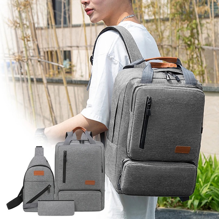 Rucsac laptop YANYXR set 3 piese gri 45x32x16cm