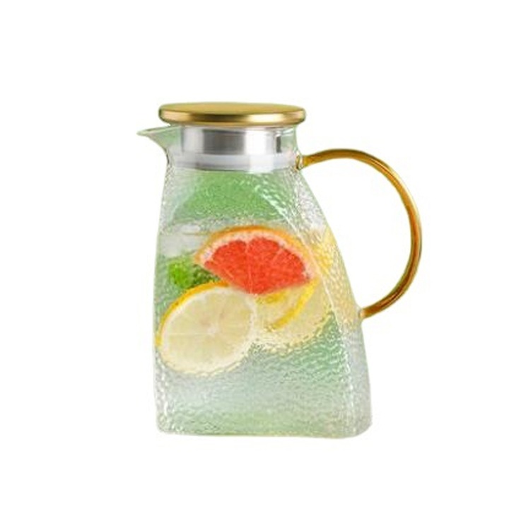 Carafa din sticla borosilicata rezistenta la caldura, Enforose, capacitate 1.8L, maner ergonomic, transparent/auriu