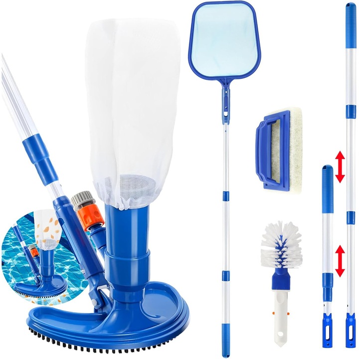 Kit curatare piscina, 40*24*7.5cm, 8 bucati, ABS, Aspirator portabil pentru piscina Aspirator pentru podea, Plasa si aspirator, Cada cu hidromasaj, piscina, spa lenes, iaz, kit de intretinere a piscinei