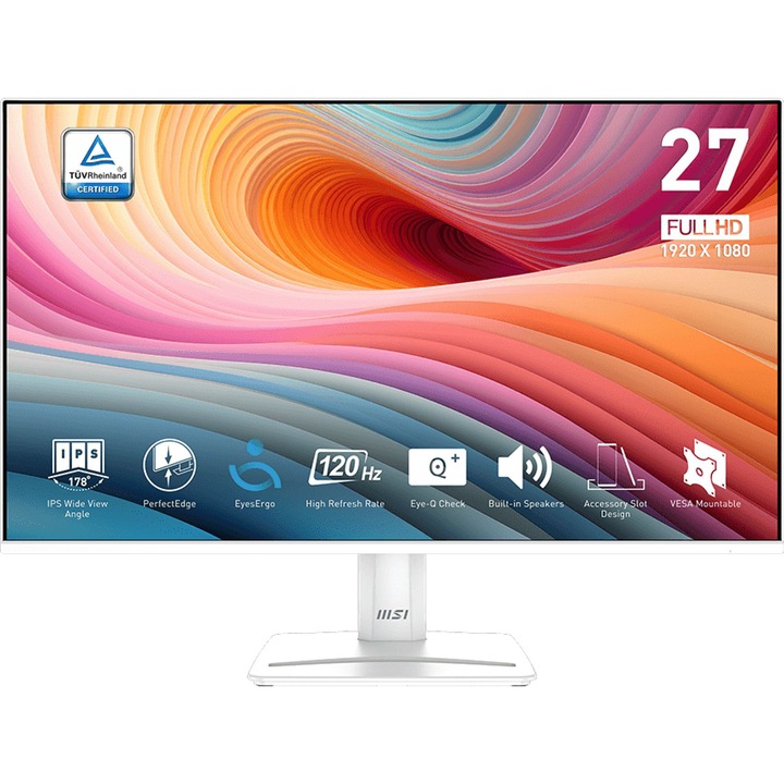 Монитор MSI PRO MP275W E2, 27", IPS, 1920 x 1080, VGA, 1 x HDMI 2.0, 1 x Audio Out, 1 x Audio In, 1 x DisplayPort 1.2a, Вградени високоговорители 2 x 2W