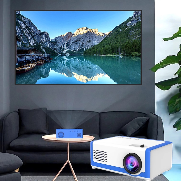 Videoproiector mini portabil, M1, suport 1080p, dimensiuni 13.3x8.4x5.2cm, culoare albastra, set complet.