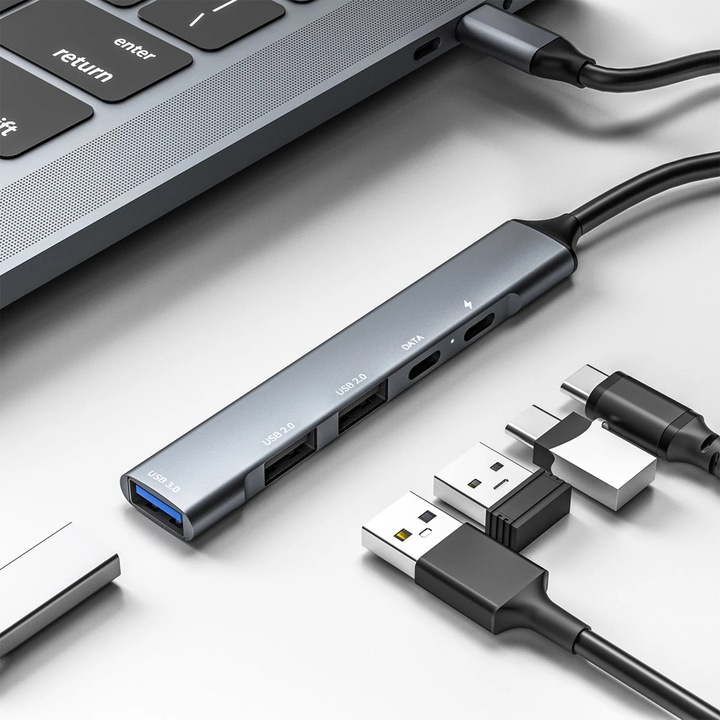 Докинг станция USB C 5-в-1 YANYXR, алуминий, сив, 10x1.75x0.75см