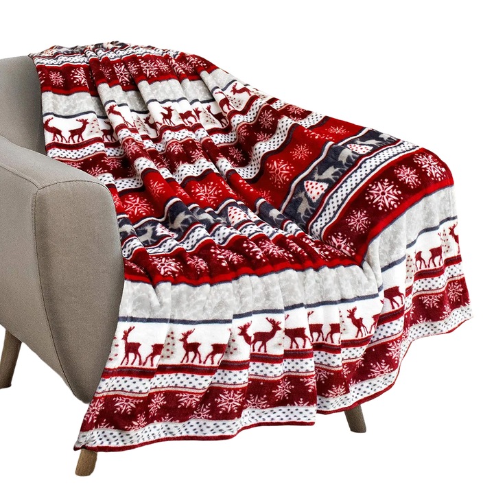 Karácsonyi takaró, rénszarvas és hópehely kivitel, flanel anyagú, 100x100cm, egész évben használható