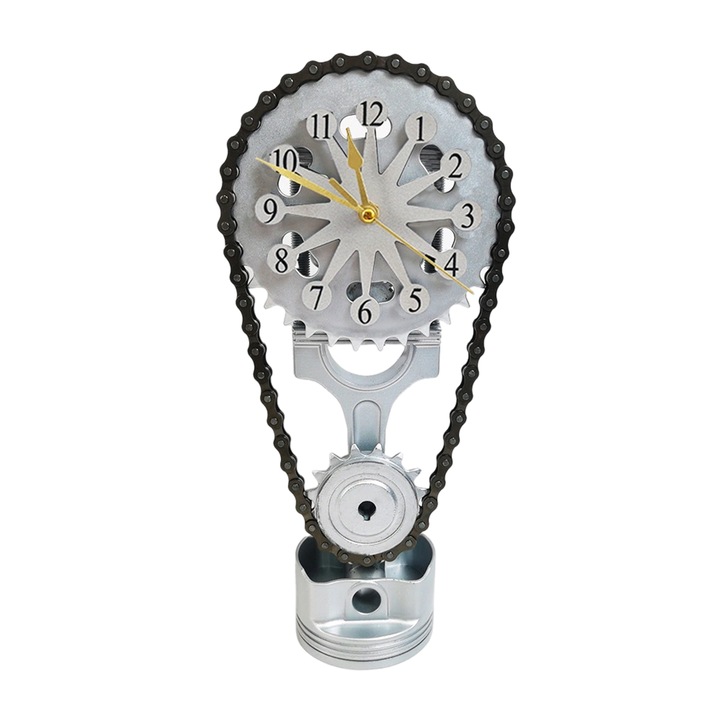 Ceas decorativ cu angrenaj rotativ, Zeaicos, ABS/Metal, Design vintage industrial, 31cm, gri/negru