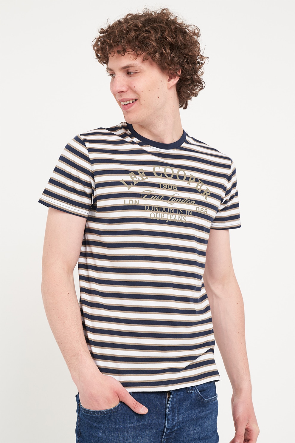 Lee Cooper, Tricou cu decolteu la baza gatului si model in dungi, Alb murdar, Albastru, XL