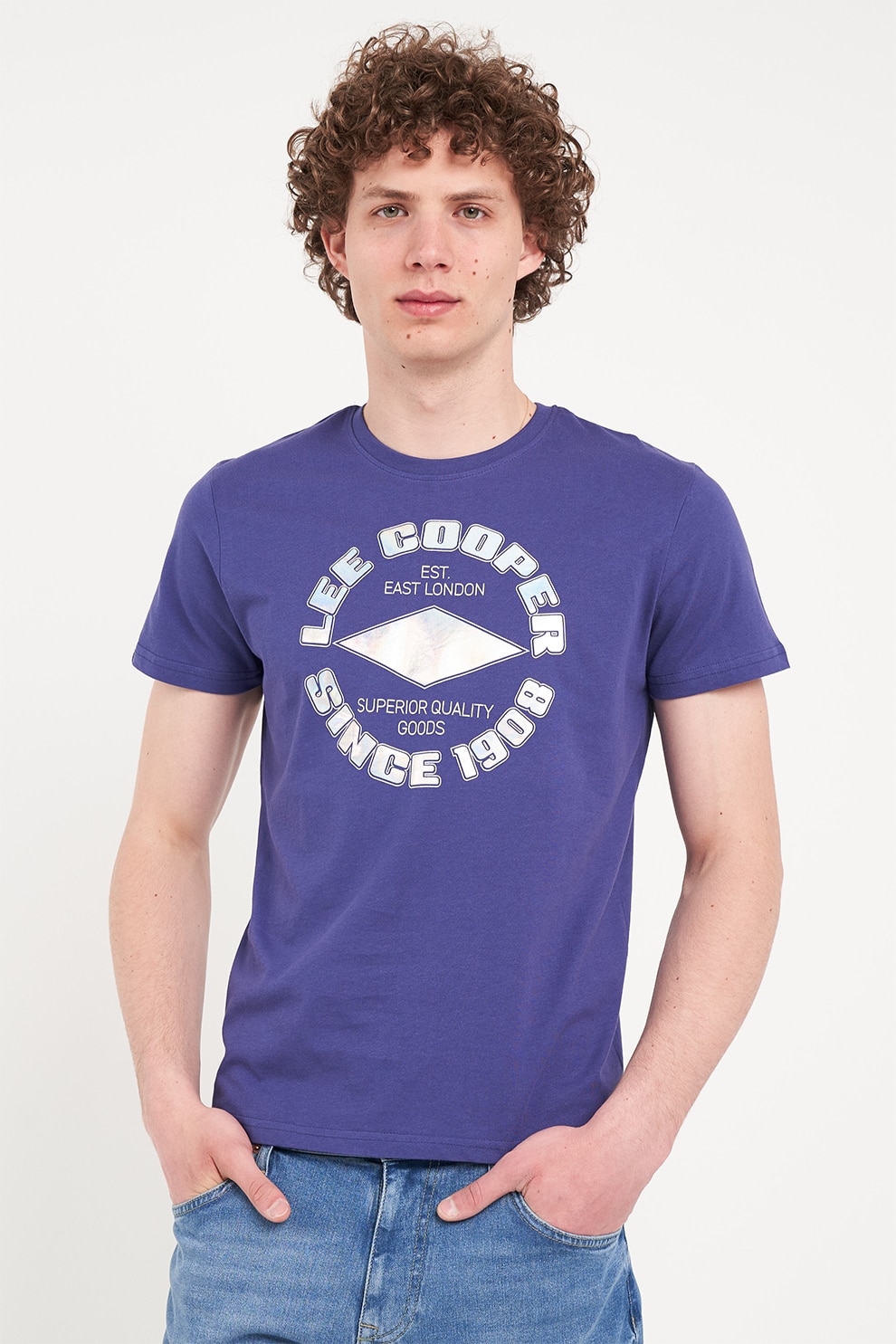Lee Cooper, Tricou de bumbac cu imprimeu logo, Albastru prafuit, L