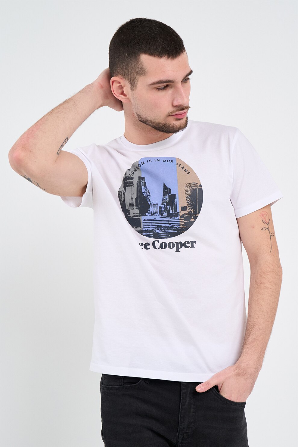Lee Cooper, Tricou cu decolteu la baza gatului si imprimeu, Alb, S