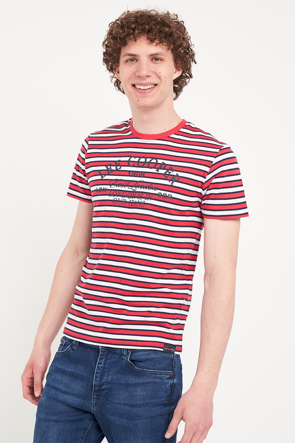 Lee Cooper, Tricou cu decolteu la baza gatului si model in dungi, Rosu, 2XL