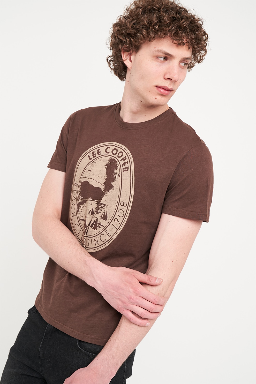 Lee Cooper, Tricou cu decolteu la baza gatului si imprimeu, Maro, L