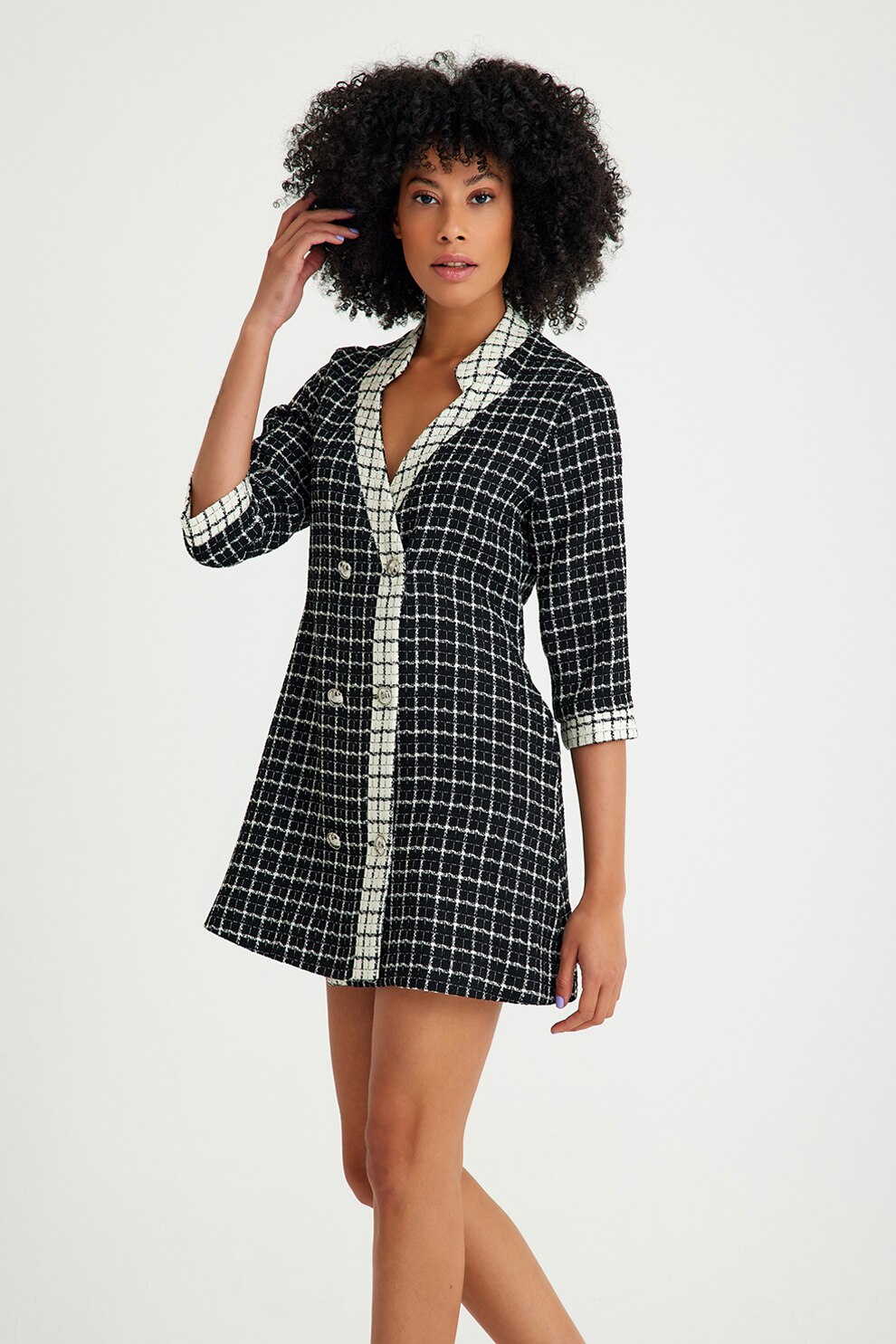 Just Like You, Rochie-sacou din tuid in carouri, Alb fildes, Negru, 40