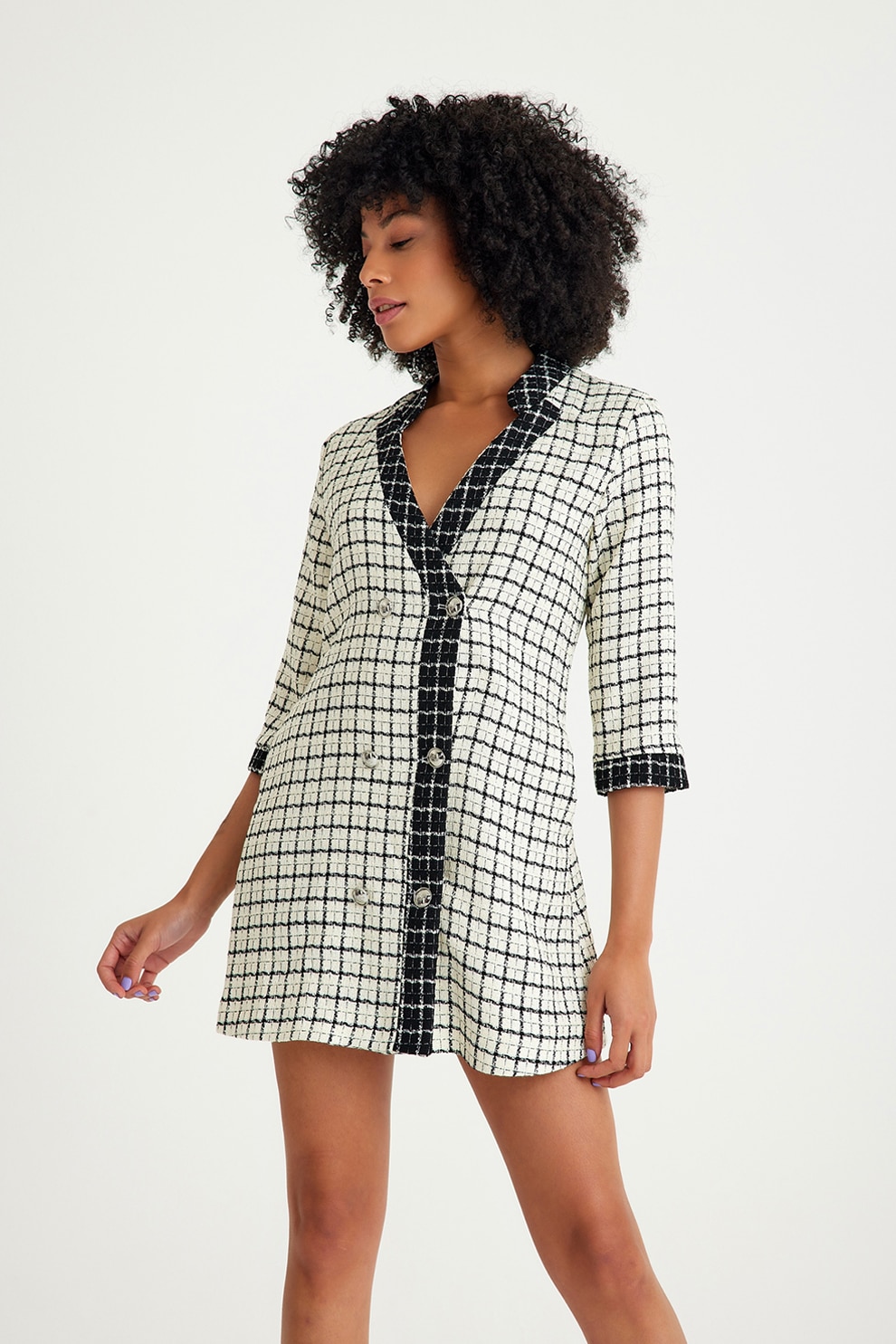 Just Like You, Rochie-sacou din tuid in carouri, Alb, Negru, 34