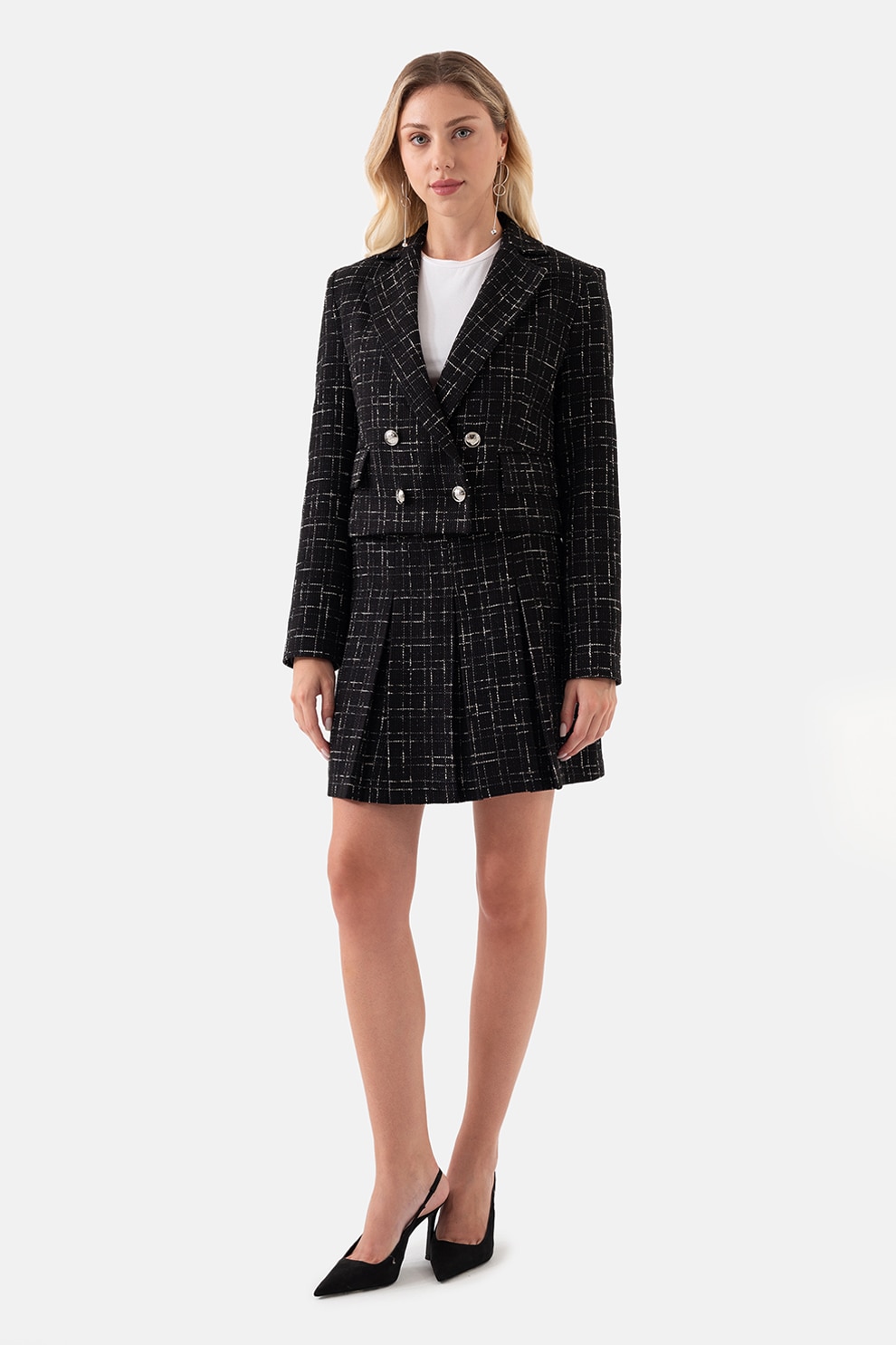 Just Like You, Fusta mini din tuid cu croiala evazata, Alb, Negru, 38