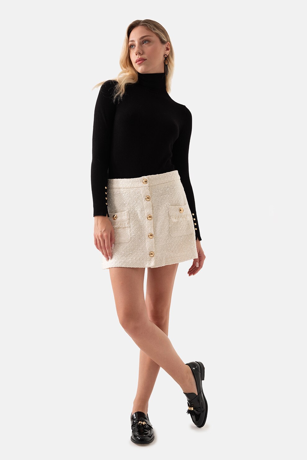 Just Like You, Fusta mini din tuid cu buzunare cu clapa, Crem, 40