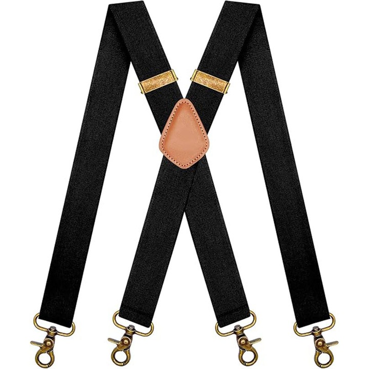 Bretele barbati, piele/poliester/metal, cu 4 inchizatori metalice, clema rezistenta, reglabil, adulti, Negru