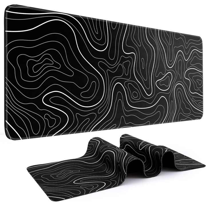 Mousepad mare 80x30cm, negru cu linii albe, baza din cauciuc antiderapant, pentru birou si gaming