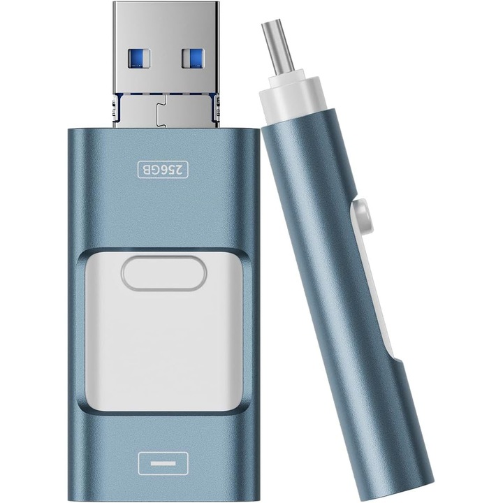 Stick memorie USB 4 in 1, 256GB, Viteza de citire de pana la 80M/S, Viteza de scriere de pana la 30M/S, Potrivit pentru telefoane mobile, tablete, laptopuri, IOS, Albastru