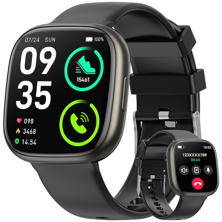Смарт часовник, Mingtawn, Модел G302, Bluetooth разговори, 1.72 инча, водоустойчивост IP68, известия за разговори/SMS/социални медии, здравен цикъл, фитнес тракер, режим на тренировка, проследяване на фитнес, крачкомер, сън, пулс, музикален плейър, черен