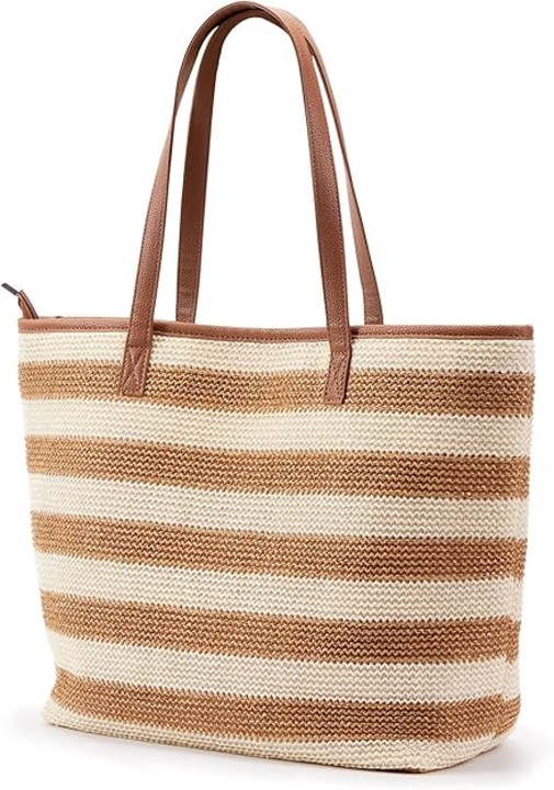 Geanta de plaja din paie, Stnqtsrv, cu manere din piele PU, inchidere cu fermoar, 50x13x38cm