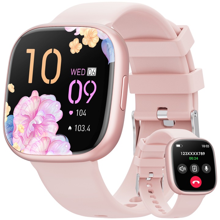 Смарт часовник, Mingtawn, Модел G302, Bluetooth Call, 1.72 инча, IP68 Водоустойчивост, Call/SMS/Social Media Notification, Women's Health Cycle, Fitness Tracker, Режим на тренировка, Проследяване на фитнес, Крачкомер, Сън, Сърдечен ритъм, Розов