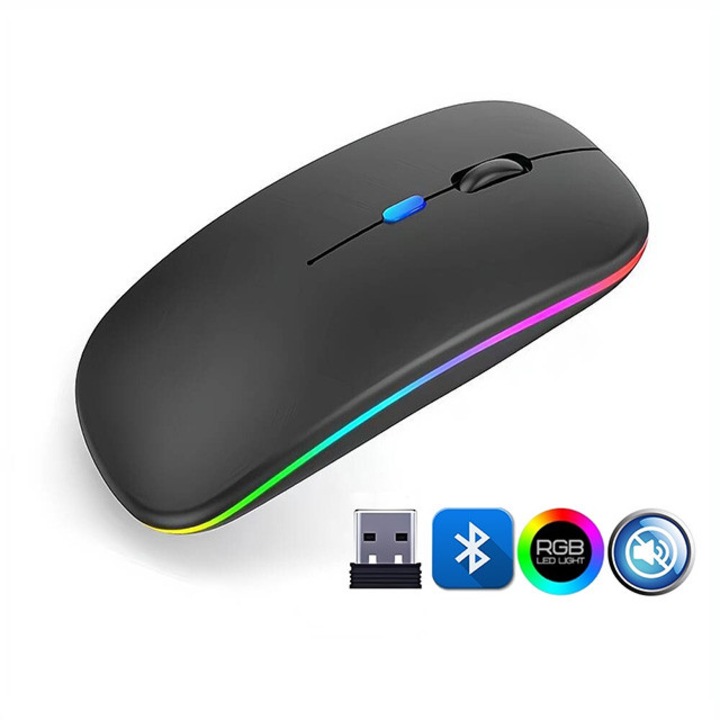 Bluetooth vezeték nélküli egér, 1600 dpi, 7 LED szín, fekete, 112x25x58mm