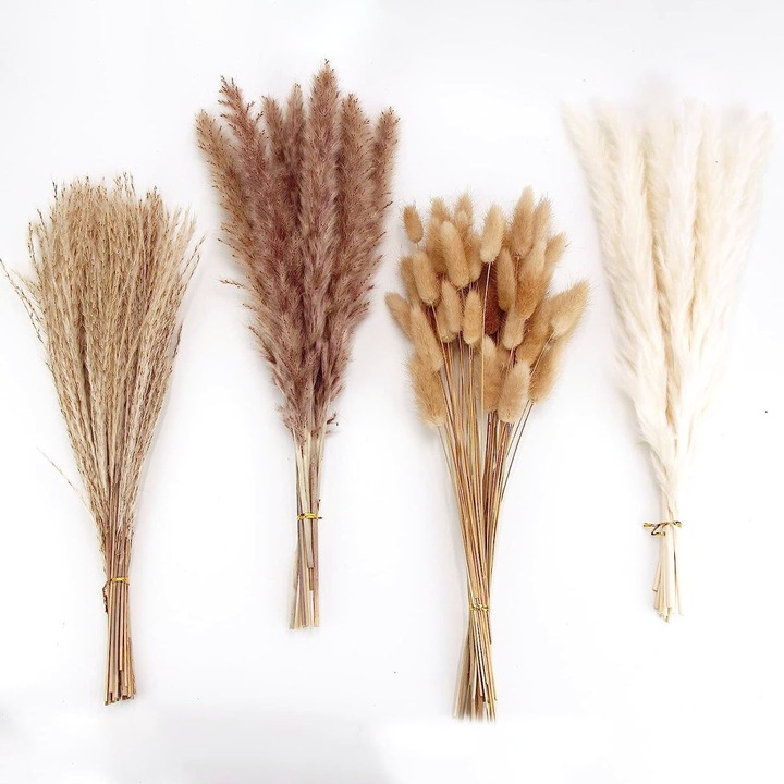 Buchet decorativ din iarba pampas uscata, 105 bucati, flori boho pentru decor de masa, alb si maro