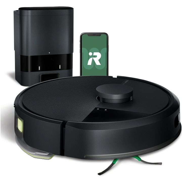 Робот прахосмукачка iRobot Roomba 105 с моп, Y351040, Станция за автоматично разтоварване, Advanced ClearView™ LiDAR навигация, четиристепенно почистване, 7000 Pa всмукателна мощност, Технология за откриване на килими, Приложение Roomba HOME, Черен