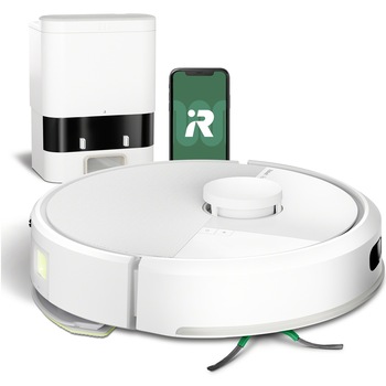Robot de aspirare cu mop Roomba 105 iRobot Combo, Y351240, statie de descarcare automata, navigatie avansata ClearView LiDAR, curatare in patru etape, putere de aspirare 7000 Pa, tehnologie Carpet Detect, aplicatie Roomba HOME, alb
