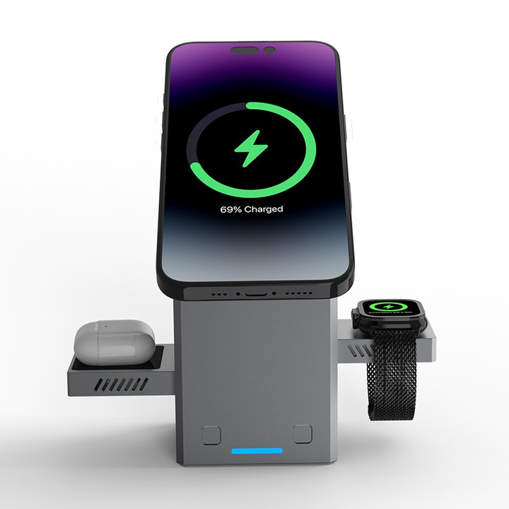 3 az 1-ben vezeték nélküli töltő, Fudisenn, 15W, összecsukható, szürke