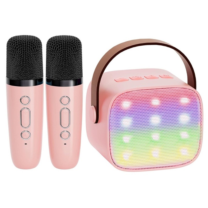 Mini karaoke gép gyerekeknek, 2 mikrofonnal és LED lámpával, hordozható Bluetooth hangszóró, születésnapi ajándék fiúknak és lányoknak (rózsaszín)
