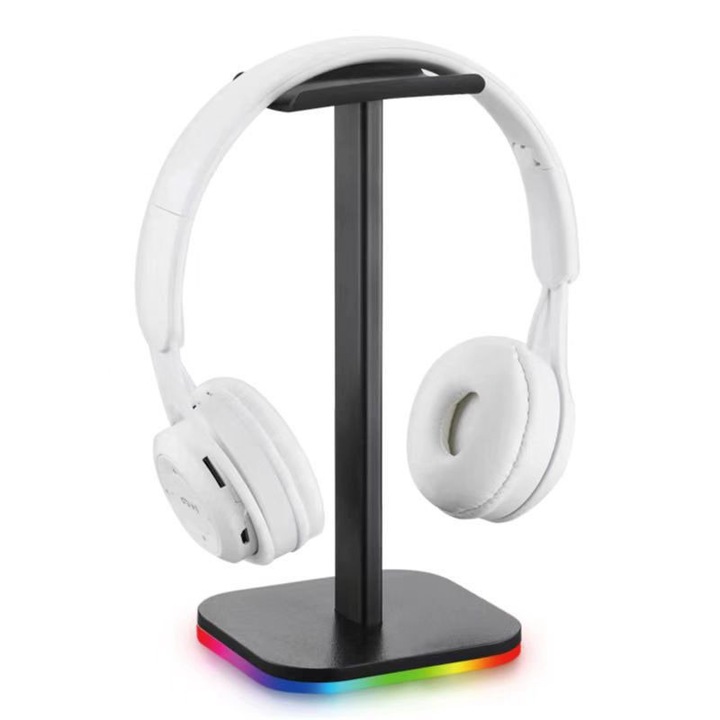 Suport pentru casti de gaming, BOMSTOM, Iluminare RGB, 3 Moduri De Iluminare，USB，Antiderapant, Design ergonomic, Pentru Gameri PC pentru jocuri de noroc Accesorii pentru casti de birou, Negru