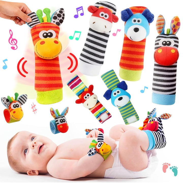 Set 8 Jucarie Interactiva Bebelusi, BYONDSELF®, Include Sosete si Bratari Zornaitoare, 100% Sigure si Masticabile, Moale si Respirabila, pentru Coordonarea Mana-ochi-picior, 0-24 luni