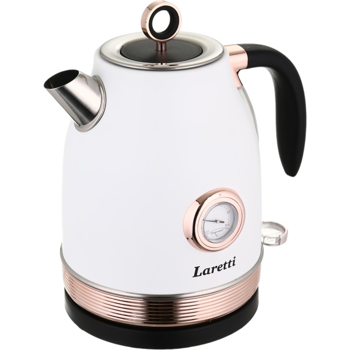 Електрическа кана Laretti LR-EK7529, 2200 W, 1,7 L, корпус от неръждаема стомана и скрит нагревателен елемент, защита от кипене и прегряване, въртяща се на 360° захранваща основа, термометър, прозрачна скала за нивото на водата