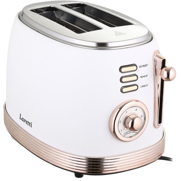 Тостер Laretti LR-EC2353, 850W, 2 слота, 6 нива на настройка, Метален корпус, Функции: размразяване/затопляне/отмяна, Подвижна тава за трохи, Светлинен индикатор, Неплъзгащи се крачета