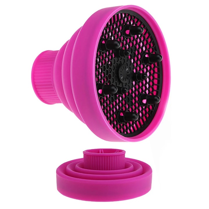 Difuzor pentru uscator de par YANYXR BCS3100612, pliabil din silicon, universal pentru guri o 3.5–5 cm, roz intens, diametru acoperire 13.8 cm